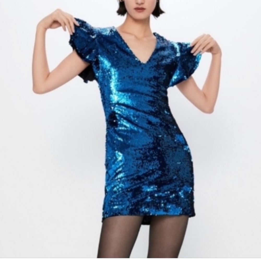 ZARA Blue Sequin Flutter Ruffle Sleeve V-Neck Bodycon Mini Cocktail Dress
